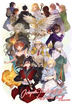 6+boys 6+girls agnea_bristarni alfyn_greengrass animal_ears arm_up aubz backpack bag bird black_capelet black_coat black_hair black_hairband blonde_hair blue_eyes breasts brown_hair brown_hat brown_suit cape capelet castti_florenz clenched_hand coat collared_shirt commentary copyright_name corset cyrus_albright dated double-parted_bangs dress earrings english_commentary everyone facial_hair flower formal_clothes glasses gloves green_eyes grey_hair h'aanit_(octopath_traveler) hair_flower hair_ornament hairband hat high_ponytail highres hikari_ku holding holding_bag holding_flame holding_staff holding_sword holding_weapon hoop_earrings index_finger_raised jacket jewelry long_hair looking_at_viewer mahina_(octopath_traveler) mature_male medium_breasts medium_hair multiple_boys multiple_girls mustache necktie nurse nurse_cap ochette_(octopath_traveler) octopath_traveler octopath_traveler_i octopath_traveler_ii olberic_eisenberg open_clothes open_jacket ophilia_clement osvald_v._vanstein owl partitio_yellowil ponytail primrose_azelhart purple_dress red_flower red_necktie red_rose rose shirt smile staff standing suit sword temenos_mistral throne_anguis tressa_(octopath_traveler) tressa_colzione weapon white_cape white_gloves white_hair white_hat white_shirt yellow_jacket