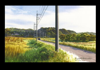black_border blue_sky border car day grass kazuyuki_hashimoto motor_vehicle mountainous_horizon no_humans original outdoors painting_(medium) path plant road scenery signature sky traditional_media tree