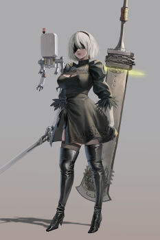 1girl 2b_(nier:automata) black_boots black_dress black_gloves black_hairband blindfold boots breasts chain commentary covered_erect_nipples covered_eyes dress english_commentary facing_viewer feather-trimmed_sleeves floating floating_object floating_sword floating_weapon full_body gloves grey_background hair_between_eyes hairband high_heel_boots high_heels highres holding holding_sword holding_weapon jeneral juliet_sleeves katana large_breasts lips long_sleeves mole mole_under_mouth nier:automata nier_(series) open_mouth pod_(nier:automata) puffy_sleeves redrawn shadow short_hair simple_background standing sword teeth thigh_boots thighhighs two-tone_gloves upper_teeth_only weapon white_gloves white_hair