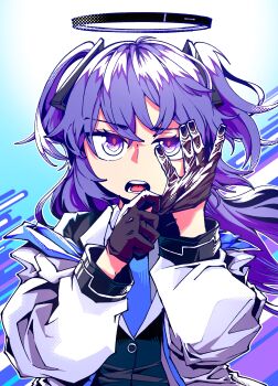1girl absurdres black_gloves black_jacket blue_archive blue_necktie coat floating_hair geonbanmaen glove_pull gloves halo highres jacket long_hair long_sleeves looking_at_viewer necktie off_shoulder open_mouth purple_eyes purple_hair shirt solo straight-on two_side_up upper_body white_coat white_shirt wind yuuka_(blue_archive)
