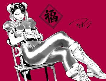 1girl ahn_dongshik birthday boots bracelet bun_cover capcom chair china_dress chinese_clothes chun-li coattails commentary_request crossed_legs double_bun dress earrings eyelashes eyeliner fingernails foot_out_of_frame full_body greyscale_with_colored_background hair_bun hair_ribbon hatching_(texture) head_down jewelry knee_boots lace-up_boots light_smile linear_hatching long_fingernails looking_at_viewer looking_to_the_side looking_up makeup mandarin_collar on_chair own_hands_together pankou pantyhose pelvic_curtain puffy_short_sleeves puffy_sleeves red_background ribbon shanghai_neckline shoelaces short_hair short_sleeves signature simple_background sitting solo spiked_bracelet spikes street_fighter street_fighter_ii_(series) tailcoat thighs v-shaped_eyebrows waistband