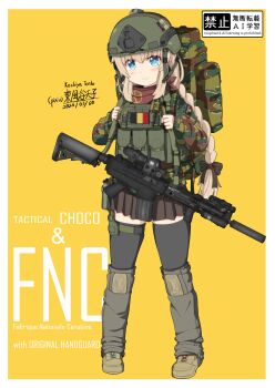 1girl absurdres alternate_costume ammunition_pouch artist_name assault_rifle backpack bag bandana bandana_around_neck belgian_army belgian_flag blonde_hair blue_eyes blush boots border bow braid braided_ponytail brown_bandana brown_boots brown_skirt brown_thighhighs buckle bulletproof_vest cable camouflage camouflage_jacket character_name chinese_commentary combat_helmet commentary_request dated earpiece eotech fast_helmet flag_patch fn_fnc fnc_(girls&#039;_frontline) full_body gaiters girls&#039;_frontline green_bow gun hair_bow handgun helmet highres holding_strap holster jacket knee_pads kochiya_tenko laser_sight load_bearing_vest long_hair long_sleeves magazine_(weapon) military military_combat_uniform military_uniform optical_sight pleated_skirt pouch rifle sight_magnifier simple_background skirt smile snap-fit_buckle standing striped_bow suppressor tactical_clothes thigh_holster thighhighs vertical_foregrip walkie-talkie watermark weapon white_border yellow_background zettai_ryouiki