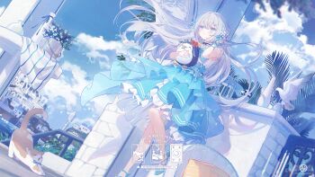 1girl arm_ribbon artist_name bird blue_bow blue_eyes blue_ribbon blue_shoes blue_skirt blush bow cat choker cloud cloudy_sky commentary commission floating_hair flock foot_against_wall foot_out_of_frame footwear_bow frilled_choker frilled_skirt frills gate grey_hair hair_ribbon hand_in_own_hair highres holding holding_stuffed_toy indie_virtual_youtuber lamppost layered_skirt long_hair nono_13 ocean outdoors parted_lips ribbon seaside shirt shoes skirt sky sleeveless sleeveless_shirt solo standing standing_on_one_leg stuffed_animal stuffed_penguin stuffed_toy symbol-only_commentary table tree umehara_sei virtual_youtuber watermark white_bird white_shirt