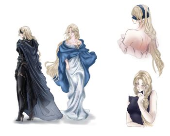 1girl aegyo_sal alternate_costume armor black_cape black_dress blindfold blonde_hair blue_cloak blue_eyes cape cassie_(shadow_slave) cloak covered_eyes dress full_body hair_over_shoulder head_tilt high_collar high_heels illithii long_hair multiple_views shadow_slave standing very_long_hair white_dress
