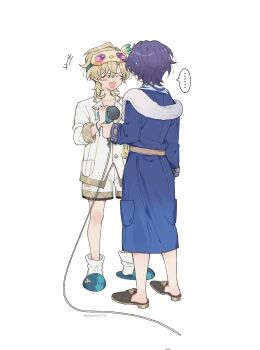 ... 2boys :d ^_^ aged_down annoyed aqua_slippers aventurine_(honkai:_star_rail) black_slippers blonde_hair blue_hair blue_robe blush_stickers closed_eyes commentary costume_request dr._ratio_(honkai:_star_rail) full_body hair_dryer hashtag-only_commentary highres holding holding_hair_dryer honkai:_star_rail honkai_(series) kakavasha_(honkai:_star_rail) male_focus multiple_boys official_alternate_costume open_mouth plusone_0722 robe shirt short_hair short_shorts shorts simple_background single_blush_sticker sleep_mask slippers smile socks spoken_ellipsis symbol-only_commentary twitter_username white_background white_shirt white_shorts white_socks