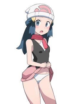 Rule 34 | 1girl, :o, absurdres, araki megami, bare arms, beanie, black vest, blue eyes, blue hair, blush, breasts, clothes lift, commentary request, cowboy shot, dawn (pokemon), embarrassed, hat, highres, lifting own clothes, long hair, looking at viewer, miniskirt, nintendo, open mouth, panties, pink skirt, pokemon, pokemon dppt, red scarf, scarf, shirt, simple background, skirt, skirt lift, sleeveless, sleeveless shirt, small breasts, solo, thighs, underwear, vest, white background, white hat, white panties