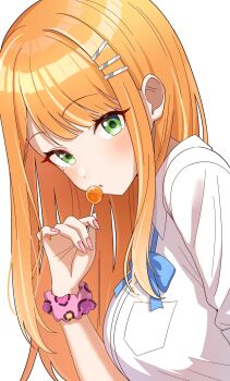 1girl :o animal_print blue_bow blue_bowtie blush bow bowtie breast_pocket breasts candy commentary_request food gakuen_idolmaster green_eyes gyaru hair_ornament hairclip hand_up hatsuboshi_gakuen_school_uniform highres holding holding_candy holding_food holding_lollipop idolmaster kogal large_breasts leopard_print lollipop long_hair long_sidelocks looking_at_viewer nail_polish niban_(puka_0507) orange_hair parted_bangs parted_lips pink_nails pink_scrunchie pocket print_scrunchie school_uniform scrunchie shirt shiun_sumika sidelocks simple_background solo straight_hair swept_bangs upper_body white_background white_shirt wrist_scrunchie