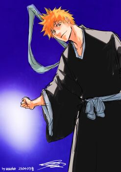 Rule 34 | 1boy, absurdres, black hakama, bleach, brown eyes, commentary, dated, english commentary, hakama, highres, japanese clothes, kurosaki ichigo, leaning forward, male focus, mixed-language commentary, monster art (rlawnsgr7), orange hair, shihakusho, signature, smile, solo, sword, sword on back, weapon, weapon on back, wide sleeves, zangetsu (shikai)
