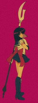 1girl back_bow bishoujo_senshi_sailor_moon black_hair boots bow commentary_request elbow_gloves film_grain from_behind full_body gloves holding holding_weapon looking_at_viewer looking_back medium_hair outer_senshi pikurusu purple_eyes red_bow sailor_saturn sailor_senshi sailor_senshi_uniform silence_glaive skirt solo tiara tomoe_hotaru weapon