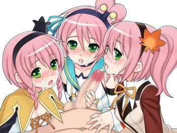 3girls alfa_system alternate_costume assisted_facial bitter_sweet_(fragment) blush censored cum cum_on_body facial green_eyes handjob kanonno_earhart kanonno_grassvalley mosaic_censoring multiple_girls multiple_persona open_mouth pasca_kanonno penis tales_of_(series) tales_of_the_world tales_of_the_world_radiant_mythology tales_of_the_world_radiant_mythology_2 tales_of_the_world_radiant_mythology_3