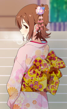 1girl back_bow blurry blurry_background blush bow breath brown_hair cl_(h-sys.) commentary_request floral_print idolmaster idolmaster_million_live! japanese_clothes kasuga_mirai kimono long_hair obi one_side_up outdoors pink_kimono profile sash smile solo stairs