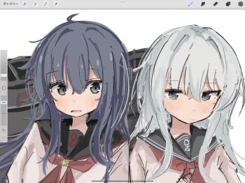 2girls ahoge akatsuki_(kancolle) akatsuki_kai_ni_(kancolle) anchor_print art_program_in_frame black_eyes black_sailor_collar blue_eyes blue_hair blush hair_between_eyes hibiki_(kancolle) highres ichiha_(ichi_u2) kantai_collection looking_at_another messy_hair multiple_girls neckerchief open_mouth peanut_mouth red_neckerchief rigging sailor_collar sidelocks simple_background sweatdrop upper_body user_interface white_background