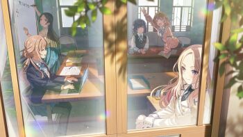5girls arm_up bag belt blonde_hair blue_eyes brown_hair buttons chair collared_shirt computer cup forehead gakuen_idolmaster game_cg hanami_ume hataya_misuzu himesaki_rinami holding idolmaster juo_sena kuramoto_china laptop leaf marker multicolored_hair multiple_girls neck_ribbon necktie official_art open_mouth pantyhose paper pen pink_hair plate profile purple_hair ribbon shirt sitting skirt sweater_vest table teacup whiteboard window
