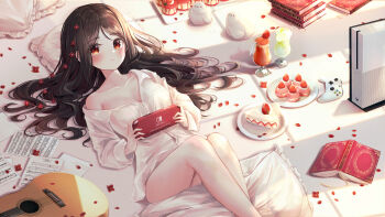 1girl absurdres acoustic_guitar animal bare_legs bbeedol bendy_straw bird blush book breasts brown_hair cake cake_slice cherry cleavage collarbone collared_shirt controller cup day dress_shirt drink drinking_glass drinking_straw envelope feet_out_of_frame flower food frilled_pillow frills fruit game_controller guitar hair_flower hair_ornament handheld_game_console highres holding indoors instrument knees_up large_breasts long_hair long_sleeves looking_at_viewer lying macaron naked_shirt nintendo_switch no_bra on_back open_book original paper parted_bangs parted_lips petals pillow plate red_eyes red_flower sheet_music shirt single_bare_shoulder solo strawberry strawberry_shortcake thighs white_bird white_shirt window_shadow