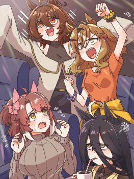 4girls agnes_tachyon_(umamusume) ahoge alternate_costume animal_ears black_hair breasts brown_hair commentary dantsu_flame_(umamusume) ear_covers ear_ornament earrings echieichi english_commentary hair_between_eyes hair_ornament highres horse_ears horse_girl jam_(umamusume) jewelry jungle_pocket_(umamusume) large_breasts long_bangs long_hair long_hair_between_eyes long_sleeves manhattan_cafe_(umamusume) medium_hair multicolored_hair multiple_girls red_eyes single_earring umamusume umamusume:_beginning_of_a_new_era white_hair yellow_eyes