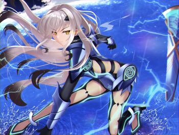 Rule 34 | 1girl, absurdres, armor, armored dress, blue armor, blue dress, breastplate, breasts, dress, fate/grand order, fate (series), faulds, forked eyebrows, high heels, highres, kneeling, long hair, looking at viewer, melusine (fate), melusine (first ascension) (fate), pauldrons, raji (largesaint2210), short dress, shoulder armor, sidelocks, small breasts, solo, white hair, yellow eyes