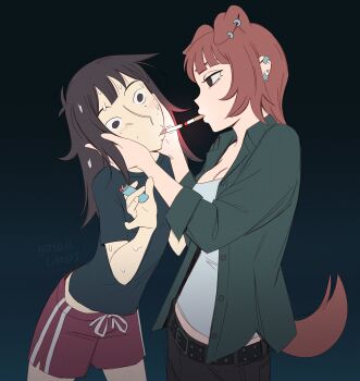 Rule 34 | 2girls, absurdres, animal ears, artist name, belt, black belt, black eyes, black hair, blush, breasts, brown hair, cigarette, cigarette kiss, cleavage, commentary, dog ears, dog girl, dog tail, ear piercing, earrings, english commentary, eyebrows hidden by hair, freckles, green shirt, highres, hitsuji (hitsujigoods), holding, holding lighter, jewelry, kara eklund, large breasts, lighter, medium hair, mitsu (hitsujigoods), multiple girls, original, piercing, red shorts, shirt, short shorts, shorts, signature, star (symbol), star earrings, sweat, tail, yuri