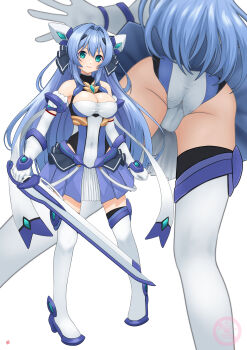 1girl absurdres aqua_eyes ass black_ribbon blue_hair blue_skirt boots breasts cleavage closed_mouth commentary_request commission dot_nose elbow_gloves exs-tia from_below gloves hair_intakes hair_ornament hair_ribbon highres holding holding_sword holding_weapon katsuragi_marina kouyoku_senki_exs-tia large_breasts legs_apart leotard long_hair looking_at_viewer magical_girl mtu_virus multiple_views nao_suke ribbon simple_background skeb_commission skirt smile solo sword thigh_boots thighhighs upskirt weapon white_background white_gloves white_ribbon white_thighhighs