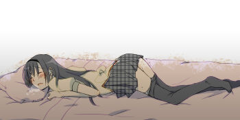 10s 1girl akemi_homura ass bed bed_sheet black_hair black_pantyhose blush breath closed_eyes clothes_pull female_focus female_masturbation hairband long_hair long_image lying mahou_shoujo_madoka_magica mahou_shoujo_madoka_magica_(anime) masturbation on_stomach open_mouth orgasm pantyhose pantyhose_pull pillow pussy_juice school_uniform sekihara_umina sheet_grab solo trembling unmoving_pattern wide_image