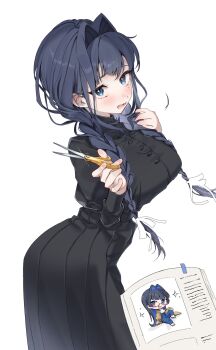 1girl 380_(artist) black_dress blue_eyes blue_hair blush book braid breasts dress hair_intakes highres holding holding_scissors hololive hololive_english long_hair looking_at_viewer official_alternate_costume official_alternate_hairstyle ouro_kronii ouro_kronii_(casual) ouro_kronii_(maid) pov scissors skirt solo tears tears_from_one_eye twin_braids virtual_youtuber