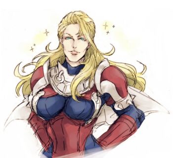 1girl arthur_(fire_emblem_fates) blonde_hair blue_eyes breasts fire_emblem fire_emblem_fates genderswap hands_on_own_hips hotate_rayan large_breasts looking_at_viewer nintendo solo upper_body