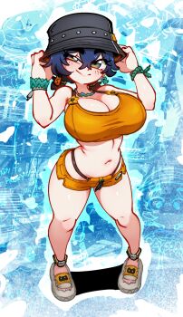 1girl absurdres adjusting_clothes adjusting_headwear belle_(summer_skies)_(zenless_zone_zero) belle_(zenless_zone_zero) bikini black_hat blue_background blue_hair breasts bucket_hat cleavage commentary full_body green_eyes grey_shoes hat highres jellot large_breasts looking_at_viewer navel no_shirt official_alternate_costume orange_bikini orange_shorts shoes short_hair short_shorts short_twintails shorts solo standing swimsuit twintails zenless_zone_zero