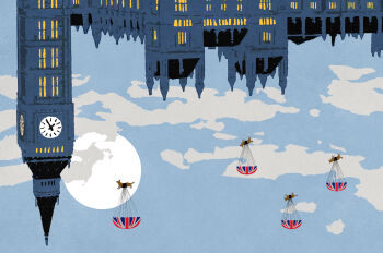 building cloud cloudy_sky dog elizabeth_tower highres iida_kento moon no_humans original outdoors parachute sky tower union_jack upside-down_world welsh_corgi