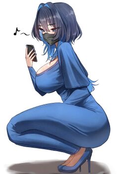 1girl absurdres alternate_costume ass black_hair blue_dress blue_eyes blue_nails breasts colored_inner_hair dress hair_intakes high_heels highres hololive hololive_english jellyfish_cut large_breasts long_hair looking_at_viewer mask multicolored_hair ouro_kronii phone selfie solo squatting tomosakaaa underbust virtual_youtuber
