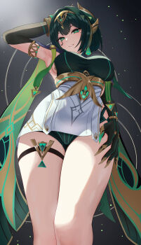 1girl absurdres armpits black_gloves black_hair black_shorts black_sleeves breasts commentary_request facial_mark genshin_impact gloves gold_trim green_hair hair_ornament highres ituka_kanau looking_at_viewer medium_breasts mole mole_under_eye nefer_(genshin_impact) short_hair shorts skirt smile solo symbol-shaped_pupils thigh_strap triangle-shaped_pupils white_skirt