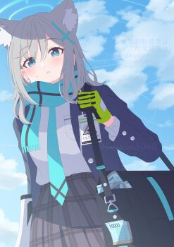 1girl absurdres abydos_high_school_logo animal_ear_fluff animal_ears arm_at_side banknote black_jacket black_skirt blue_archive blue_eyes blue_halo blue_necktie blue_sky blush bright_pupils cloud commentary cowboy_shot cross_hair_ornament day earrings extra_ears eyes_visible_through_hair fringe_trim gloves green_gloves grey_hair hair_between_eyes hair_ornament halo hand_up highres id_card iwaaiso5040 jacket jewelry long_sleeves looking_at_viewer medium_hair mismatched_pupils money necktie open_clothes open_jacket outdoors parted_lips plaid_clothes plaid_skirt pleated_skirt school_uniform shiroko_(blue_archive) shirt skirt sky solo stud_earrings sweatdrop tucked_money twitter_username watermark white_pupils white_shirt wolf_ears wolf_girl