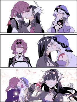 Rule 34 | 4girls, black gloves, black hair, black jacket, black swan (honkai: star rail), closed eyes, closed mouth, collared shirt, commentary request, d0600059994959, elite throuple kiss (meme), eyewear on head, falling petals, gloves, hand on another's face, highres, honkai: star rail, honkai (series), hysilens (honkai: star rail), jacket, kafka (honkai: star rail), korean commentary, long hair, looking at viewer, meme, multiple girls, petals, polyamory, ponytail, purple eyes, purple gloves, purple hair, ruan mei (honkai: star rail), shirt, smile, sunglasses, veil, white shirt, yuri