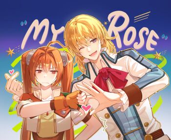 Rule 34 | 1boy, 1girl, ahoge, annoyed, blonde hair, blue background, blush, bow, brown hair, buttons, coat, commentary, cropped jacket, eiyuu densetsu, english text, estelle bright, eyelashes, fingerless gloves, gloves, gradient background, hair between eyes, heart, heart hands failure, height difference, highres, kernel killer, light frown, long hair, long sleeves, looking at viewer, medium hair, olivert reise arnor, one eye closed, open mouth, orange outline, outline, purple eyes, red bow, red eyes, short sleeves, smile, sora no kiseki, star (symbol), thumbs down, twintails, upper body, valentine, very long hair, white coat, wilted ahoge