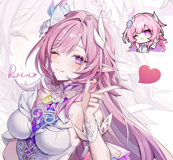 1girl ;) absurdres breasts chibi chibi_inset commentary cyrene_(honkai:_star_rail) cyrene_(ripples_of_past_reverie)_(honkai:_star_rail) diamond-shaped_pupils diamond_(shape) dress flower hair_flower hair_ornament halo highres honkai:_star_rail honkai:_star_rail_sticker_redraw_(meme) honkai_(series) large_breasts long_hair looking_at_viewer meme multicolored_hair one_eye_closed pink_hair pointy_ears purple_eyes smile solo symbol-only_commentary symbol-shaped_pupils tianqing_mw two-tone_hair upper_body very_long_hair white_dress white_hair