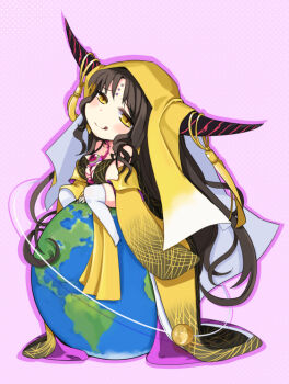 Rule 34 | 1girl, black dress, black hair, black horns, blush, boots, breasts, center opening, chibi, closed mouth, dress, drop shadow, earth (planet), eyeball, facial mark, fate/grand order, fate (series), forehead mark, full body, gradient clothes, gradient dress, high heel boots, high heels, horn ornament, horn ring, horns, large breasts, licking lips, long hair, long sleeves, looking at viewer, moon, multicolored horns, parted bangs, pink background, pink boots, planet, polka dot, polka dot background, red horns, sessyoin kiara, sessyoin kiara (beast iii/r), sessyoin kiara (heaven's hole), sideboob, sidelocks, sitting, smile, solo, tassel, thigh boots, tongue, tongue out, veil, very long hair, wide sleeves, xu yan (sm6739420), yellow dress, yellow eyes, yellow veil