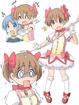 aioi_yuuko blue_eyes blue_hair bow brown_eyes brown_hair bubble_skirt commentary_request cosplay dress gloves hair_bow highres kaname_madoka kaname_madoka_(cosplay) kimi_(user_vppd4758) mahou_shoujo_madoka_magica mahou_shoujo_madoka_magica_(anime) miki_sayaka miki_sayaka_(cosplay) naganohara_mio nichijou pink_bow pink_dress red_shoes shoes short_twintails skirt star_(symbol) twintails white_background white_gloves