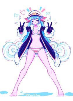 1girl absurdres barefoot bikini black_coat black_gloves blue_hair blush breasts cape closed_eyes coat commentary dizzyisdizzy double_v english_commentary facing_viewer full_body fur-trimmed_coat fur_trim gloves groin hair_ribbon hat hatsune_miku heart highres legs_apart long_hair long_sleeves medium_breasts multicolored_hair navel open_clothes open_coat open_mouth outstretched_arms peaked_cap red_bikini red_ribbon ribbon smile solo standing stomach striped_bikini striped_clothes swimsuit twintails v variant_set very_long_hair vocaloid white_cape white_hair white_mouth yuki_miku yuki_miku_(2022)