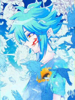 1boy alternate_eye_color basil_(headspace)_(omori) basil_(omori) bird blood blood_on_face blue_overalls closed_mouth colored_skin commentary_request expressionless flower from_side green_hair green_shirt hair_between_eyes highres kauchi_(kani10cauchi) male_focus omori overalls red_eyes shirt short_hair short_sleeves sidelocks solo sunflower t-shirt upper_body white_skin