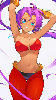 1girl absurdres arm_behind_head arm_up armpits blue_eyes bra breasts cleavage commentary_request dark-skinned_female dark_skin earrings highres hoop_earrings itou_kazuki jewelry long_hair looking_at_viewer medium_breasts o-ring o-ring_bra o-ring_top pants pointy_ears purple_hair red_bra red_pants shantae shantae_(series) solo strapless strapless_bra underwear