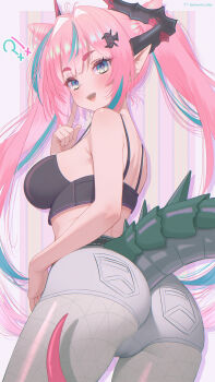Rule 34 | !?, 1girl, absurdres, aqua eyes, aqua hair, arknights, arknights: endfield, black bra, black horns, blush, bra, breasts, commentary, cowboy shot, dragon girl, dragon horns, dragon tail, english commentary, finger to cheek, from behind, green tail, hair intakes, highres, horns, long hair, looking at another, looking back, medium breasts, mixed-language commentary, multicolored hair, neurotic neko, no shirt, open mouth, paid reward available, pants, pink hair, pointy ears, smile, solo, standing, streaked hair, tail, twintails, underwear, white pants, yvonne (arknights)