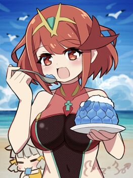 2girls breasts large_breasts ma2acworks multiple_girls nia_(fancy_sundress)_(xenoblade) nia_(xenoblade) pyra_(pro_swimmer)_(xenoblade) pyra_(xenoblade) xenoblade_chronicles_(series) xenoblade_chronicles_2