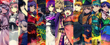 6+girls apron aqua_dress belt black_belt black_dress black_hair black_hat black_ribbon black_skirt blonde_hair blue_apron blue_dress blue_hair blue_hairband blue_hat blue_kimono blunt_bangs bow bowl bowl_hat braid breasts brown_eyes brown_hair brown_hairband buttons chinese_clothes cloak closed_mouth collared_dress collared_kimono collared_shirt commentary_request constellation_print cowboy_shot crescent crescent_print cross cross-laced_clothes cross-laced_dress dalachi_(headdress) detached_sleeves dress earmuffs energy evil_smile fang flower frills from_behind gradient_hair green_bow green_dress green_hairband green_head_scarf green_skirt grey_eyes grey_hair hair_between_eyes hair_bow hair_ornament hairband hand_up haniyasushin_keiki hat hat_ribbon headscarf hijiri_byakuren hitodama houraisan_kaguya japanese_clothes jewelry junko_(touhou) kimono leaf leaf_hair_ornament long_hair long_sleeves looking_at_viewer looking_back looking_to_the_side magatama magatama_necklace mallet mandarin_collar maple_leaf matara_okina medium_breasts meimaru_inuchiyo mirror mob_cap moon multicolored_dress multicolored_hair multicolored_hairband multiple_girls neck_ribbon necklace nurse_cap open_mouth orange_dress orange_hair orange_sleeves orange_tabard parted_bangs patchwork_clothes phoenix_print pink_background pink_dress pink_eyes pink_hair pink_hairband pink_hat pink_kimono pink_shirt pointy_ears puffy_short_sleeves puffy_sleeves purple_cloak purple_dress purple_eyes purple_hair red_background red_belt red_dress red_eyes red_hairband red_ribbon red_shirt red_tabard reiuji_utsuho remilia_scarlet ribbon rope saigyouji_yuyuko shimenawa shirt short_hair short_sleeves sidelocks simple_background sitting sitting_on_throne skirt smile stage_connection standing sukuna_shinmyoumaru tabard teeth tenkyuu_chimata third_eye throne touhou toyosatomimi_no_miko triangular_headpiece two-tone_dress v-shaped_eyebrows wavy_hair white_cloak white_dress white_flower white_shirt wide_sleeves wing_collar yagokoro_eirin yasaka_kanako yellow_dress yellow_eyes yellow_hairband yellow_ribbon