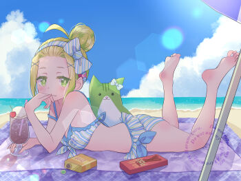 1girl absurdres ahoge artist_name ass bangs_pinned_back bare_legs bare_shoulders barefoot beach beach_towel beach_umbrella bikini blonde_hair blue_bikini blue_sky blush bow breasts cherry closed_mouth cloud cloudy_sky cup day drink drinking_straw feet feet_up food forehead frilled_bikini frills fruit full_body green_eyes green_hair hair_bow hair_bun hair_ornament hairband hairclip haru_meguru heaven_burns_red highres horizon ice ice_cream ice_cream_float ice_cube legs legs_up looking_at_viewer lying ocean on_stomach ooshima_yotsuha outdoors pocky sand sidelocks single_hair_bun sky small_breasts smile soles solo striped_bikini striped_bow striped_clothes stuffed_animal stuffed_toy summer swimsuit the_pose toes towel umbrella water x_hair_ornament