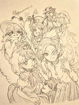 6+girls animal animal_ear_piercing animal_ears animal_on_head artist_name baby_animal bird bird_on_head blush bow bowtie braid cat_ears chen chick closed_mouth commentary_request dress earrings fang fiery_wings hair_ribbon half_mask hat hat_bow hat_ornament holding holding_whistle hong_meiling hoop_earrings iwanaga_ariya jewelry long_sleeves looking_at_viewer maribel_hearn mask mask_over_one_eye menotama mob_cap moriya_suwako multiple_girls niwatari_kutaka on_head one_eye_closed open_mouth ribbon shirt signature single_earring skeletal_clothes skirt sleeping smile star_(symbol) star_hat_ornament touhou traditional_media usami_renko vest whistle wings