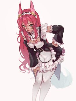Rule 34 | 1girl, ahri (league of legends), alternate costume, artist name, black sleeves, breasts, cleavage, closed mouth, cosplay, detached sleeves, dress, enmaided, facial mark, feet out of frame, frilled dress, frilled sleeves, frills, highres, large breasts, league of legends, long hair, long sleeves, maid, miyeonya, red hair, rem (re:zero), rem (re:zero) (cosplay), short dress, simple background, solo, thighhighs, whisker markings, white background, white thighhighs