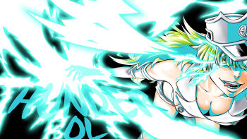 1girl bent_over bleach bleach:_sennen_kessen-hen bleachist breasts buttons candice_catnipp cleavage collared_shirt commentary double-breasted downblouse elbow_gloves electricity electrokinesis english_text evil_smile feet_out_of_frame gloves green_eyes green_hair hair_between_eyes hat highres kubo_tite_(style) large_breasts long_hair looking_at_viewer military_hat nose official_style open_mouth outstretched_arm quincy_(bleach) shirt shorts single_bare_shoulder sleeveless sleeveless_shirt smile solo standing tongue tongue_out wandenreich white_gloves white_hat white_shirt white_shorts