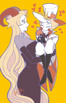 1boy 1girl adylaineart b2_xox blonde_hair blush_stickers commentary couple demon_boy demon_girl english_commentary english_text hair_slicked_back hazbin_hotel hellaverse hetero highres husband_and_wife lilith_(hazbin_hotel) looking_at_another lucifer_morningstar_(hazbin_hotel)