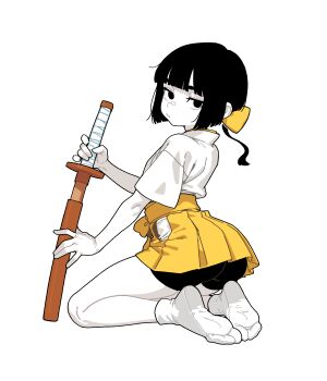 Rule 34 | 1girl, arched back, ass, bike shorts, bike shorts under skirt, bingbingzi, black eyes, black hair, blunt bangs, bow, breasts, closed mouth, clothing cutout, colored skin, from side, full body, holding, holding sword, holding weapon, japanese clothes, kneeling, looking at viewer, original, ponytail, sheath, short hair, short sleeves, simple background, skirt, small breasts, socks, solo, sword, thick eyebrows, unsheathing, weapon, white background, white skin, white socks, wooden sword, yellow bow, yellow skirt