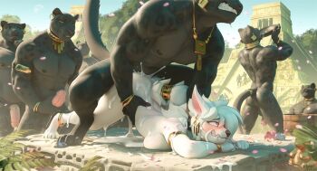 1girl 6+boys animal_ears artist_name ass black_skin clenched_teeth colored_skin commentary cum cum_on_ass cum_on_body earrings english_commentary furry furry_female furry_male furry_with_furry group_sex hetero holding jewelry kraaisha large_penis male_masturbation masturbation multiple_boys orgy original outdoors panther_boy panther_ears panther_tail penis pyramid_(structure) short_hiar tail tail_ornament tail_ring teeth top-down_bottom-up white_hair