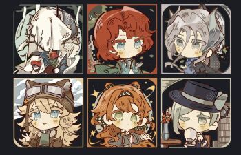 Rule 34 | 1boy, 5girls, animal ear headwear, aviator cap, black background, black cape, black coat, black hat, blonde hair, blue bow, blue coat, blue eyes, blue jacket, boater hat, bow, brown hat, brown jacket, cape, charon (reverse:1999), checkered hairband, chibi, coat, commentary, covered face, cup, drinking, english commentary, fake animal ears, flower, glass pen, goggles, goggles on headwear, green cape, green eyes, grey eyes, grey hair, hair bun, hair ornament, hairband, hands up, hat, hat bow, holding, holding cup, holding notebook, holding pen, jacket, klepon, lilya (reverse:1999), marsha (reverse:1999), multiple girls, notebook, one eye closed, orange hair, pen, red flower, red hair, reverse:1999, sentinel (reverse:1999), short hair, single side bun, sonetto (reverse:1999), two side up, vase, veil, vertin (reverse:1999), white veil