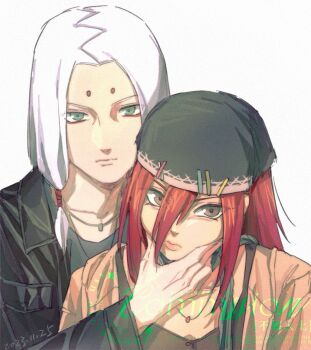 Rule 34 | 1boy, 1girl, bandana, black hat, black jacket, black shirt, blue shirt, brown eyes, commentary, commission, dated, deja vu (zxmm00310400), eyeliner, green eyes, hair between eyes, hand on another's chin, hat, highres, hikimayu, jacket, jewelry, kaguya kimimaro, long hair, looking at viewer, makeup, naruto (classic), naruto (series), necklace, orange jacket, red eyeliner, red hair, shirt, tayuya (naruto), watermark, white background, white hair